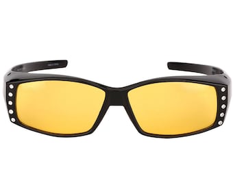 Womens Lightweight Night Driving Polarized Sunglasses that Fit Over Prescription Glasses Featuring Rhinestones & UV400 Protection