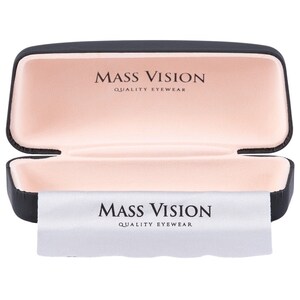 May include: Black rectangular glasses case with a pink interior and a white microfiber cleaning cloth. The case and cloth both have the text "MASS VISION QUALITY EYEWEAR" printed on them.