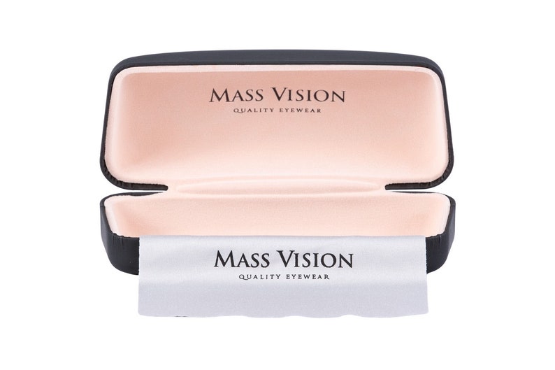 May include: Black rectangular glasses case with a pink interior and a white microfiber cleaning cloth. The case and cloth both have the text "MASS VISION QUALITY EYEWEAR" printed on them.