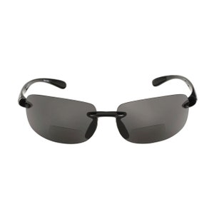 Könnte beinhalten: Schwarze, rahmenlose Sonnenbrille mit dunkelgrauen Gläsern.