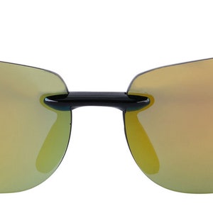 May include: Black rimless sunglasses with gold mirrored lenses.