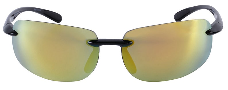May include: Black rimless sunglasses with gold mirrored lenses.