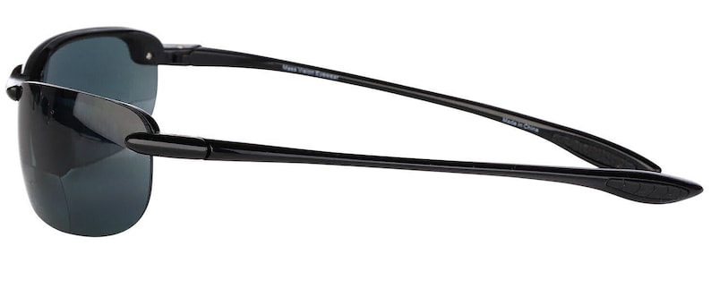 May include: Black wraparound sunglasses with a dark gray lens. The sunglasses have a black frame and a black temple.