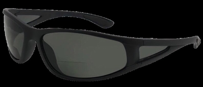 May include: Black wraparound sunglasses with a dark gray lens.