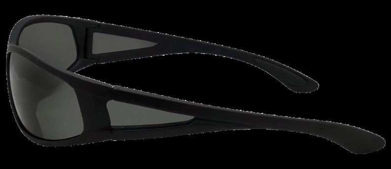 May include: Black wraparound sunglasses with a dark gray lens.