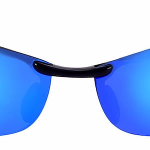 May include: Black sunglasses with blue mirrored lenses. The sunglasses have a rimless design and a thin black frame.