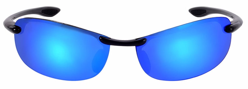 May include: Black sunglasses with blue mirrored lenses. The sunglasses have a rimless design and a thin black frame.