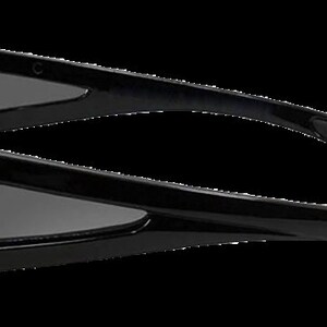 May include: Black wraparound sunglasses with a sleek, modern design. The sunglasses have a dark gray lens and a black frame.