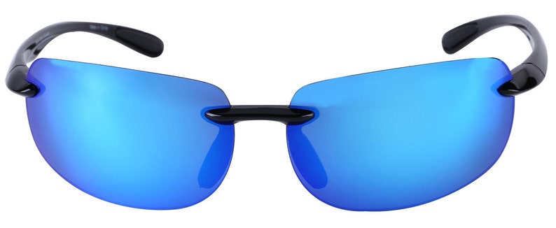 May include: Black sunglasses with blue mirrored lenses. The sunglasses have a rimless design and a curved shape.