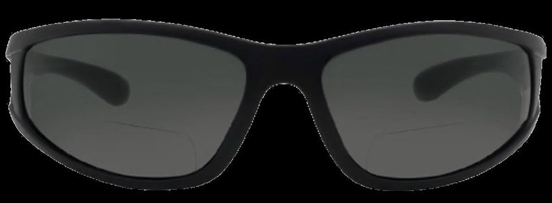 May include: Black wraparound sunglasses with a sporty design.