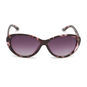 May include: Cat-eye sunglasses with a tortoiseshell pattern frame and gradient purple lenses. The sunglasses have a classic shape with a slightly upswept design at the outer edges. The frame features a mix of brown, black, and pink hues.
