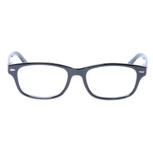 May include: Black rectangular framed eyeglasses with clear lenses.