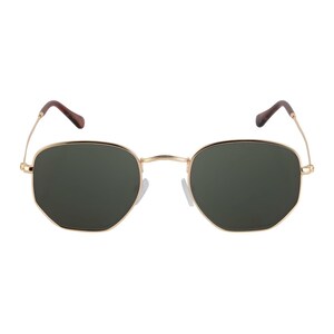 May include: Gold-framed sunglasses with dark green lenses. The frames have a geometric, octagonal shape. The temples are thin and gold, with brown tips. The sunglasses are set against a white background.