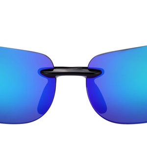 May include: Black rimless sunglasses with blue mirrored lenses.