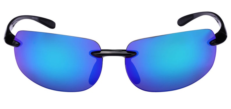 May include: Black rimless sunglasses with blue mirrored lenses.