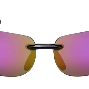 May include: Black sunglasses with a rimless design and pink mirrored lenses.