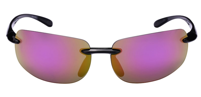 May include: Black sunglasses with a rimless design and pink mirrored lenses.