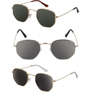 May include: Three pairs of sunglasses with a geometric, octagonal shape. The frames are gold or silver-toned, with dark lenses. The arms have a thin, wire-like design. One pair has brown ear pieces.