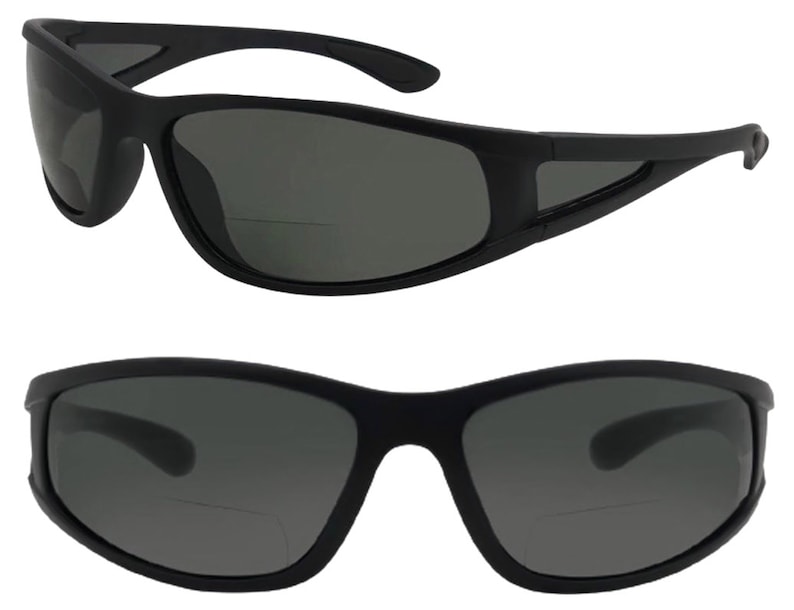 May include: Black sunglasses with a dark gray lens and a black frame. The sunglasses have a sporty design and are suitable for both men and women.