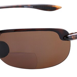 May include: Tortoise shell frame sunglasses with brown lenses. The sunglasses have a rimless design and a metal accent on the temples.