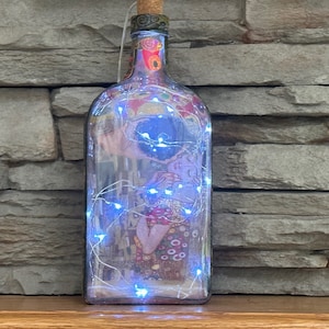 Klimt, Decoupage Upcycle Glass bottle with Fairy Lights- Theme -The Kiss - Potichomania Art, Night Light