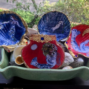 Adorned Mermaids, Chagall, Decoupage Large 4.5&quot; Scallop Shell, Ring or Trinket Bowl