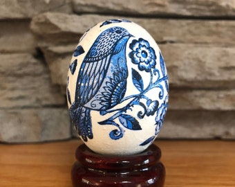 Set 3 Decoupage Blue & White Chinoiseries Bird Egg, Handcrafted on Wood. Set of 3 or 6, Stand Optional