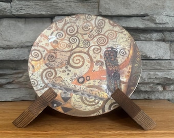 Omgekeerd knipbord van 8 inch met op de klimt geïnspireerde levensboom met vogel. Unieke, handgemaakte, decoratieve potichomania-kunst.