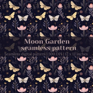 Può includere: Motivo digitale senza cuciture con sfondo blu scuro, ornato da farfalle, fiori e foglie. Le farfalle sono dorate, bianche e grigie. I fiori sono rosa. Il testo recita "Moon Garden seamless pattern" e misura 30,48 x 30,48 cm.