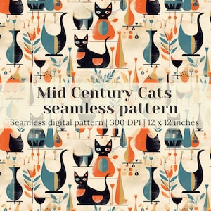 Mid Century Geometric Cat Seamless Pattern for Fabric, Digital Paper, Scrapbooking & Commercial Use
