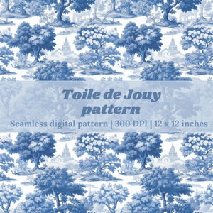 Vintage Floral Blue Toile de Jouy Repeating Pattern for Digital Paper, Fabric, Scrapbooking and Sublimation