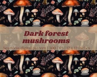 Dark Forest Mushroom, Cottagecore, Mushroom Fabric Pattern, Seamless Printable Pattern, Digital Paper, Repeatable Pattern,  Sublimation