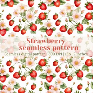 Pode incluir: Um padrão digital sem costura com morangos vermelhos e flores brancas sobre um fundo branco. O padrão é de 12 x 12 polegadas e 300 DPI.