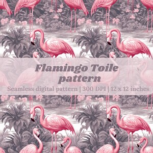 May include: A seamless digital pattern featuring pink flamingos and tropical foliage. The pattern is 12 inches by 12 inches and 300 DPI.