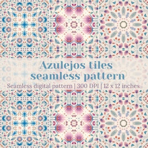 Pode incluir: Padrão digital sem costura com desenhos florais em azul, rosa e verde sobre fundo creme. O texto diz "Azulejos tiles seamless pattern". O padrão mede 30,48 x 30,48 cm.