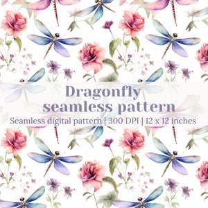 Watercolor Dragonfly Floral Seamless Pattern for Paper, Poster,  Fabric, Scrapbooking and Sublimation, Instant Digital Download