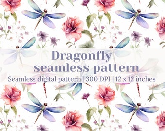 Aquarell Libelle Floral nahtlose Muster für Papier, Poster, Stoff, Scrapbooking und Sublimation, sofortiger digitaler Download