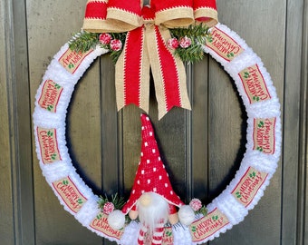 Christmas Wreath for Front Door Outdoor, Gnome Wreath Decor, Yarn Wreath, White Wreath, Merry Christmas Wreath, Holiday Decor Porch Sign