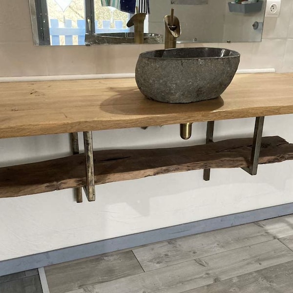 Plateau bois salle de bain, dessus meuble lavabo, plan pour vasque, bois massif