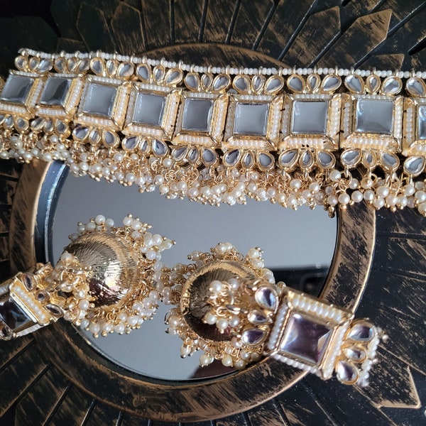 Mirror (Sheesha) handcrafted Choker & chandelier, Pakistani jewelry, American Diamond, Kundan choker, Kundan necklace, Bollywood Jewelry