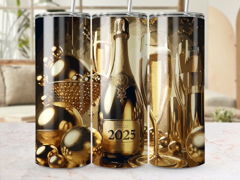 Luxurious Golden Champagne Tumbler, 2025 Celebration Glass, Sparkling Wine Lover Gift, Elegant
