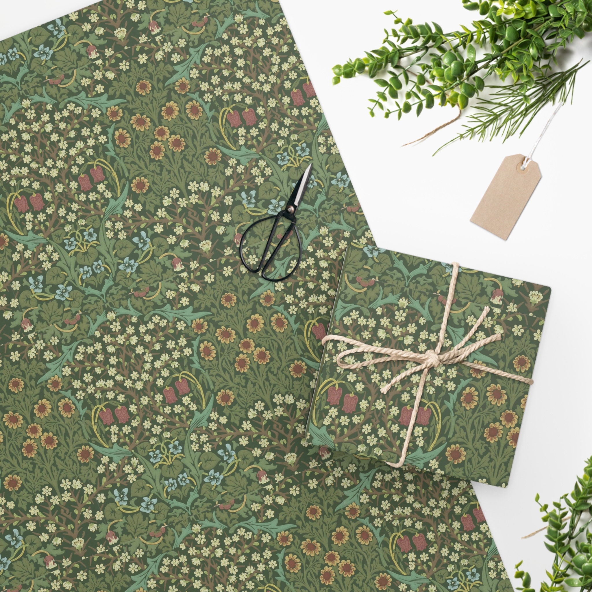Falling Leaves Hand Drawn Pattern - Dark Green Wrapping Paper by