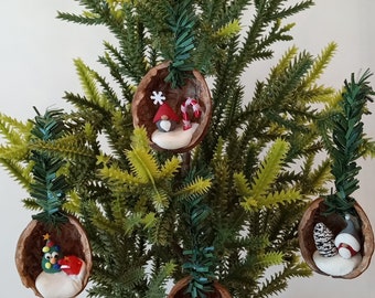 Miniature walnut shell indoor Christmas ornament/plant decoration w/handmade clay Snowman, Tree, Mushrooms, Owls, Gnomes or Fox