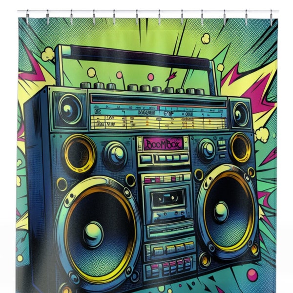 Boombox Comic Style Shower Curtain Retro Shower Curtain Nostalgic 80's Music Shower Curtains Funky Fresh Unique Colorful Shower Curtain