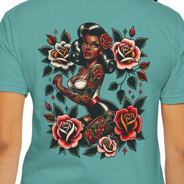 Sexy Retro Pinup Girl Shirt Floral Roses Tattoos And Pretty Eyes Cool Unique Tattoo Flash Pinup Pin-Up Tee Unisex Garment-Dyed T-shirt