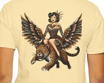 The Flying Leopard tattoo Shirt Pinup Flash Art Retro Shirt Vintage Style Tattoo Art Sexy Woman Tattoo Shirt Unisex Garment-Dyed T-shirt