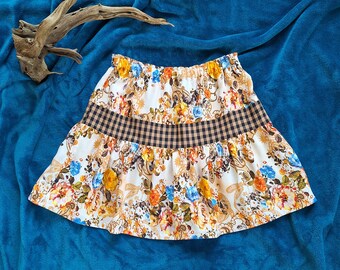 Cotton Mini upcycled Recycled patchwork skirt - summer skirt, orange, flowers, grid, floral, girl, kids, girls