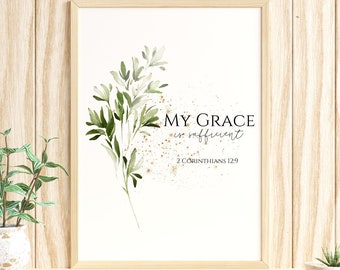 Mi gracia es impresión / DESCARGA INSTANTE / Versículo bíblico de flores / Arte de pared imprimible / Arte del versículo bíblico / Granja cristiana / 2 Corintios 12:9