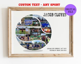 May include: A digital print of a collage of photos in a yin-yang design. The photos are of a young man playing sports. The text "JACOB CLOYES" is at the top of the print. The text "GRASSLAND MIDDLE 2017-2019 FRANKLIN HIGH 2020-2023" is at the bottom of the print.