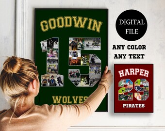 PRINTABLE Football Jersey Number Photo Collage, Coach Gift, Football senior night gift, Football Photo Collage, Senior night Football,